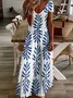 Women Floral Short Sleeve Summer Printing Dress V Neck Daily Casual Maxi X-Line Dress