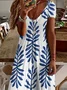 Women Floral Short Sleeve Summer Printing Dress V Neck Daily Casual Maxi X-Line Dress