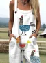 Women Animal Square Neck Gallus Casual Summer Cotton And Linen Jumpsuit