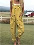 Women Animal Square Neck Gallus Casual Summer Cotton And Linen Jumpsuit