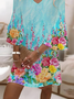 Women Floral Half Sleeve Summer Printing Dress V Neck Daily Casual Maxi H-Line Dress