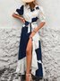 Women Geometric Short Sleeve Summer Printing Dress V Neck Puff Sleeve Daily Casual Maxi Shirt Dress A-Line Dress
