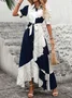 Women Geometric Short Sleeve Summer Printing Dress V Neck Puff Sleeve Daily Casual Maxi Shirt Dress A-Line Dress