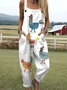 Women Animal Square Neck Gallus Casual Summer Cotton And Linen Jumpsuit