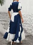 Women Geometric Short Sleeve Summer Printing Dress V Neck Puff Sleeve Daily Casual Maxi Shirt Dress A-Line Dress