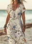 Women Floral Short Sleeve Summer Printing Dress V Neck Daily Casual Maxi X-Line Dress