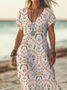 Women Floral Short Sleeve Summer Printing Dress V Neck Daily Casual Maxi X-Line Dress