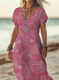 Women Floral Short Sleeve Summer Printing Dress V Neck Daily Casual Maxi X-Line Dress