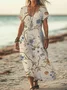 Women Floral Short Sleeve Summer Printing Dress V Neck Daily Casual Maxi X-Line Dress