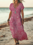 Women Floral Short Sleeve Summer Printing Dress V Neck Daily Casual Maxi X-Line Dress