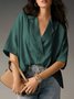Women Plain Half Sleeve Shirt Summer Split Joint Shawl Collar Daily Casual Top