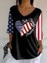 Women Independence Day (Flag) Three Quarter Sleeve Tee T-shirt V Neck Printing Casual Spring/Fall Top