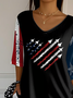 Women Independence Day (Flag) Three Quarter Sleeve Tee T-shirt V Neck Printing Casual Spring/Fall Top