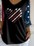 Women Independence Day (Flag) Three Quarter Sleeve Tee T-shirt V Neck Printing Casual Spring/Fall Top