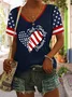 Women Independence Day (Flag) Short Sleeve Tee T-shirt V Neck Printing Casual Summer Graphic Tee Top