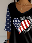 Women Independence Day (Flag) Three Quarter Sleeve Tee T-shirt V Neck Printing Casual Spring/Fall Top