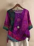 Women Geometric Short Sleeve Tee T-shirt V Neck Vintage Summer Top