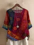 Women Geometric Short Sleeve Tee T-shirt V Neck Vintage Summer Top