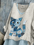 Women Cat Long Sleeve Blouse Spring/Fall Printing V Neck Daily Casual Top