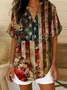 Women Floral Short Sleeve Shirt Summer Printing V Neck Daily Casual Top