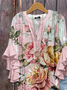 Women Floral Half Sleeve Shirt Summer Printing V Neck Daily Casual Top
