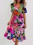 Women Floral Short Sleeve Summer Printing Dress V Neck Daily Vintage Maxi Ruffle Skirt A-Line Dress