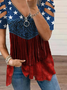 Women Independence Day (Flag) Short Sleeve Tee T-shirt V Neck Printing Vintage Summer Tunic Top