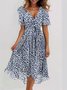 Women Floral Short Sleeve Summer Printing Dress V Neck Daily Vintage Maxi Ruffle Skirt A-Line Dress