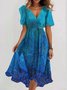 Women Floral Short Sleeve Summer Printing Dress V Neck Daily Vintage Maxi Ruffle Skirt A-Line Dress
