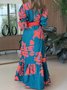 Women Floral Long Sleeve Spring/Fall Printing Dress V Neck Daily Vintage Maxi Ruffle Skirt A-Line Dress