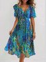 Women Floral Short Sleeve Summer Printing Dress V Neck Daily Vintage Maxi Ruffle Skirt A-Line Dress