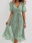 Women Floral Short Sleeve Summer Printing Dress V Neck Daily Vintage Maxi Ruffle Skirt A-Line Dress