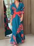 Women Floral Long Sleeve Spring/Fall Printing Dress V Neck Daily Vintage Maxi Ruffle Skirt A-Line Dress