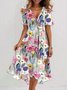 Women Floral Short Sleeve Summer Printing Dress V Neck Daily Vintage Maxi Ruffle Skirt A-Line Dress