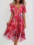 Women Floral Short Sleeve Summer Printing Dress V Neck Daily Vintage Maxi Ruffle Skirt A-Line Dress