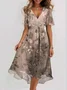 Women Floral Short Sleeve Summer Printing Dress V Neck Daily Vintage Maxi Ruffle Skirt A-Line Dress