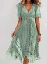 Women Floral Short Sleeve Summer Printing Dress V Neck Daily Vintage Maxi Ruffle Skirt A-Line Dress