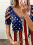 Women Independence Day (Flag) Short Sleeve Tee T-shirt V Neck Printing Vintage Summer Tunic Top