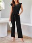 Women Plain Crew Neck Sleeveless Casual Ruffle Sleeve Summer Jumpsuit