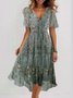 Women Floral Short Sleeve Summer Printing Dress V Neck Daily Vintage Maxi Ruffle Skirt A-Line Dress