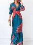 Women Floral Long Sleeve Spring/Fall Printing Dress V Neck Daily Vintage Maxi Ruffle Skirt A-Line Dress