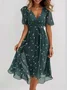 Women Floral Short Sleeve Summer Printing Dress V Neck Daily Vintage Maxi Ruffle Skirt A-Line Dress