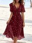 Women Floral Short Sleeve Summer Printing Dress V Neck Daily Vintage Maxi Ruffle Skirt A-Line Dress
