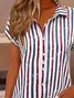 Women Striped Short Sleeve Shirt Summer Printing Shirt Collar Daily Casual Top
