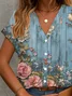 Women Floral Short Sleeve Shirt Summer Printing V Neck Daily Casual Top