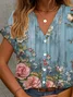 Women Floral Short Sleeve Shirt Summer Printing V Neck Daily Casual Top