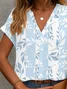 Women Floral Short Sleeve Shirt Summer Printing V Neck Daily Casual Top
