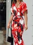 Women Floral Half Sleeve Summer Printing Dress Shirt Collar Daily Vintage Maxi Hip Skirt A-Line Dress