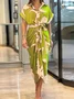 Women Floral Half Sleeve Summer Printing Dress Shirt Collar Daily Vintage Maxi Hip Skirt A-Line Dress