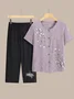 Women Floral Embroidery Two-Piece Set Daily Half Sleeve Casual Summer Top With Pants Matching Set